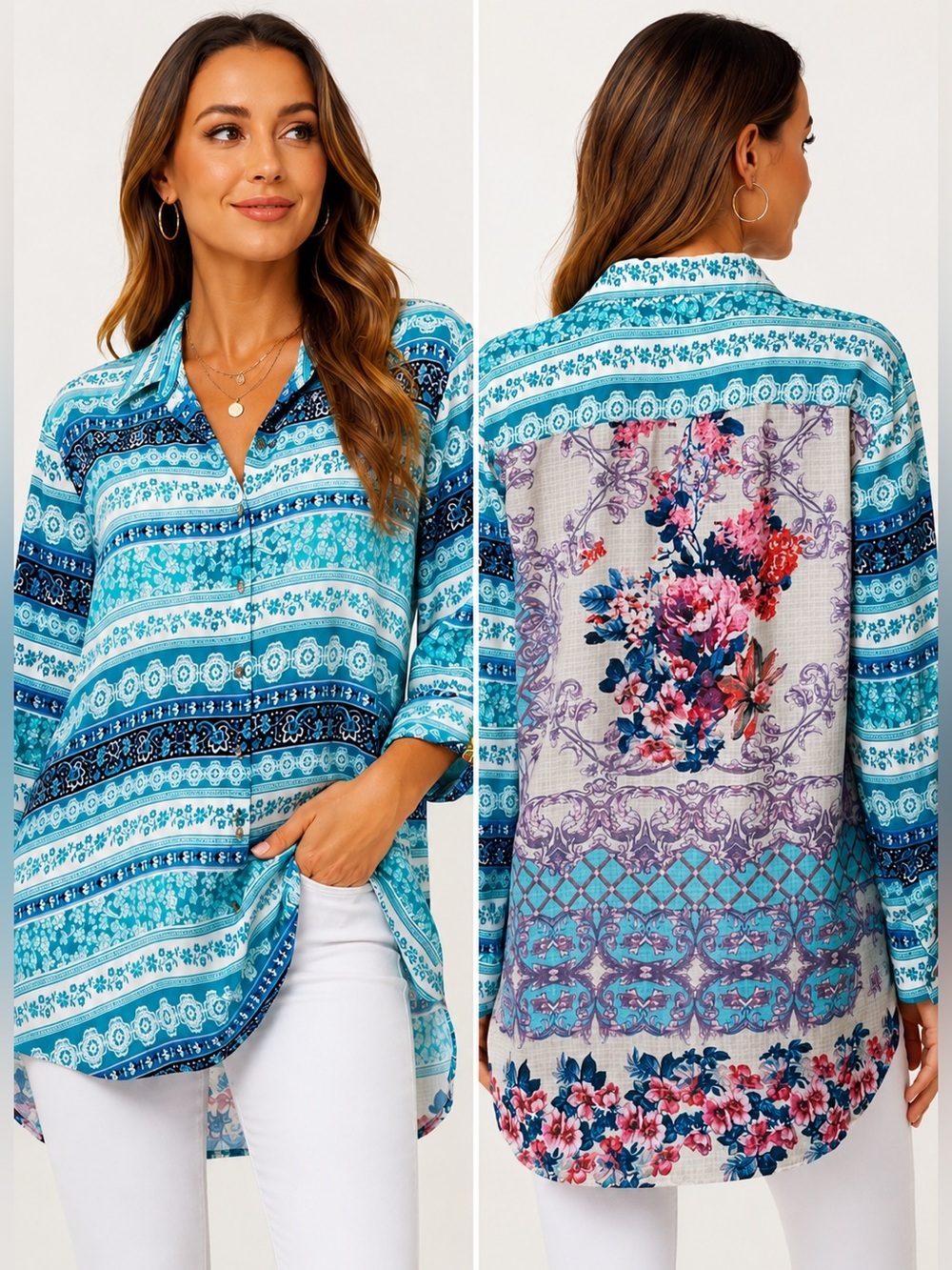 Aratta Silent Journey Boho High Low Blouse Turquoise Floral Roll Tab